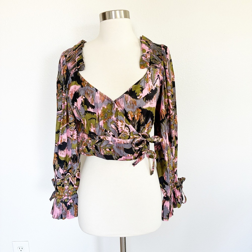 NWT Cleobella Leighton Crop Wrap Top Womens XS Floral Ruched Long Sleeve Boho
